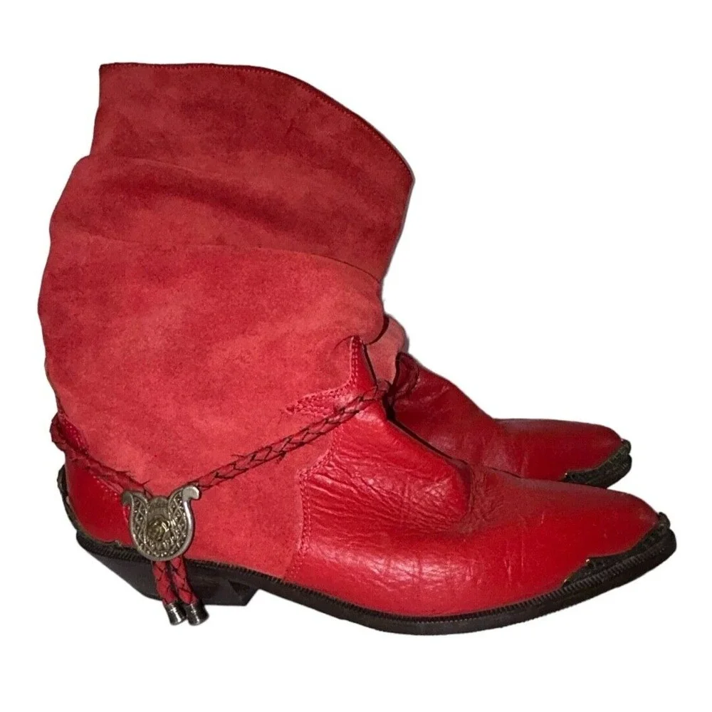 ZODIAC Vintage 80s Lauper Red Leather Slouchy Cowboy Boots Womens 6.5 Charm‎